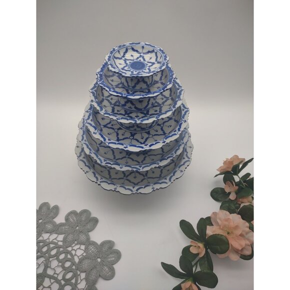 Vintage Set of 6 Blue White Floral Porcelain Stacking Pedestal Bowls 9.5” Tall - Picture 1 of 17